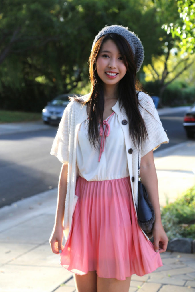 ally gong asian girl beret pink dress palo alto fashion blog street style ootd dress pleated pretty cute