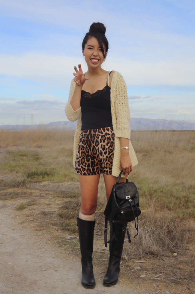 ally gong, leopard print, outfit, ootd, nature, palo alto, fashion blogger, blog , style, baylands tundra leather, black, knee-boots, choies, review, backpack, japanese, kawaii, cute, hairstyle, high bun, donut,