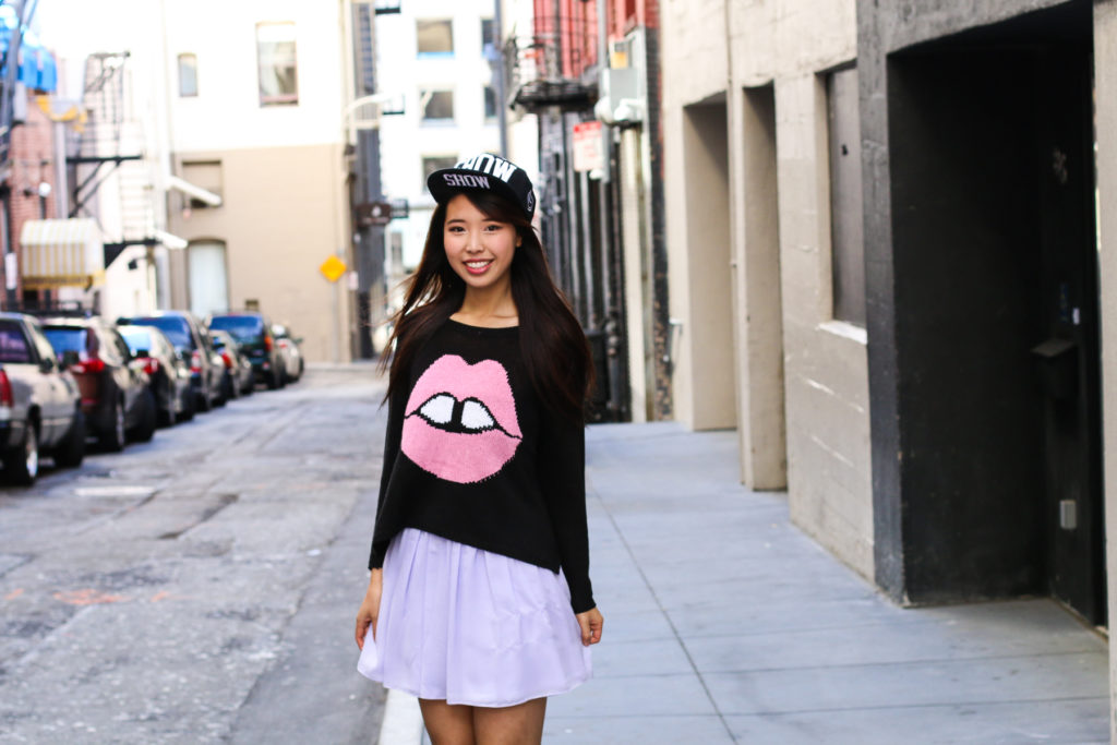 show and tell, ryanbyranchua, ryan chua, photography, mission street, betabrand, ally gong, lip, sweater, graphic, pastel, cute, asian, girl, model, smile, street, downtown, metropolitan, urban, kawaii, outfit, fashion, style, ootd, fashion blogger, sf, tom wesselmann, art, paintings, strapless dress