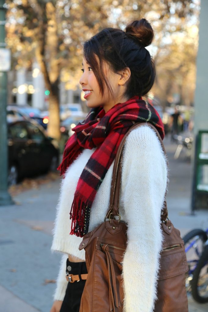tartan, scarf, plaid, white, soft, sweater, crop, southern, asian, japanese, hairstyle, high bun, ootd, palo alto, downtown, belt, skinny jeans, fashion blogger, ally gong, cute, casual, personalized, bar necklace, smile, fall, simple, university avenue