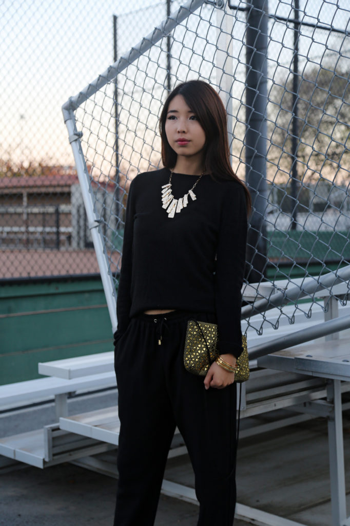 golden rule, gold jewelry, vintage, clutch, hammered, cuff, petal, necklace, jules smith, gorjana, rocksbox, review, tough, chic, cool, sleek, black, cashmere, vince camuto, drawstring pants. accessories, asian, girl, pretty, hair, outfit, ootd, style, fashion, ally gong, palo alto, fashion blog,