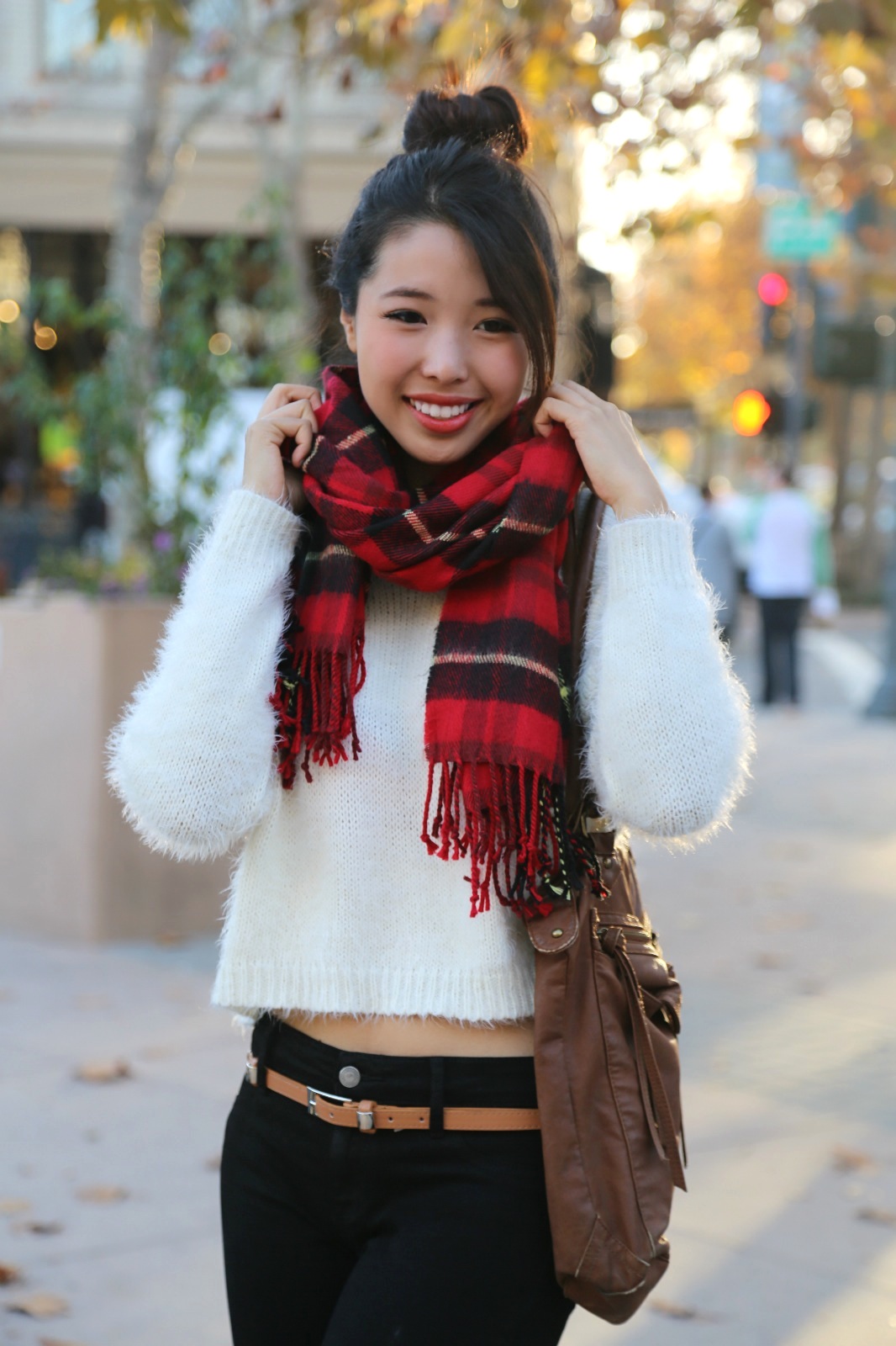 tartan, scarf, plaid, white, soft, sweater, crop, southern, asian, japanese, hairstyle, high bun, ootd, palo alto, downtown, belt, skinny jeans, fashion blogger, ally gong, cute, casual, personalized, bar necklace, smile, fall, simple, university avenue