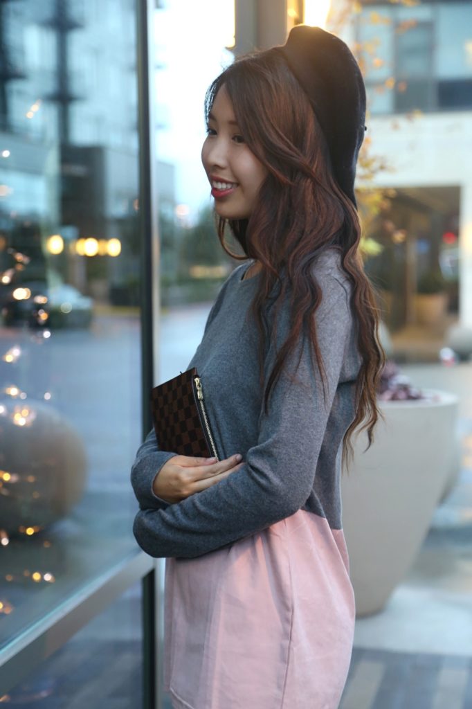 ally gong, beret, hat, cute, asian, french, girl, pink, charming, sweet, feminine, chic, girly, city, curls, hairstyle, smile,