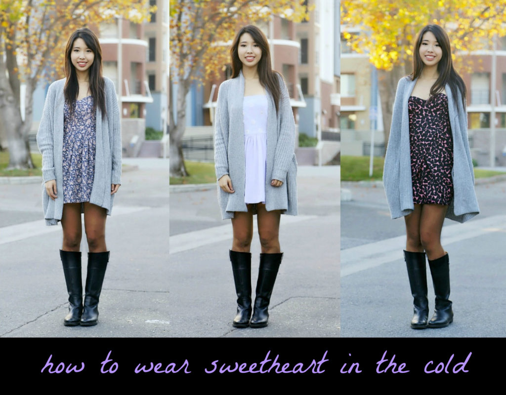 how to, style, fashion, outfit, dresses, sweetheart, tights, cardigan, girly, ally gong, boots, winter, fall, inspiration, tutorial, asian,