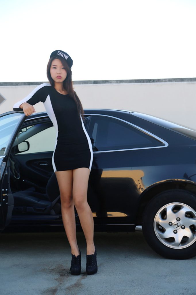 car, girl, ally gong, outfit, ootd, dress, style, asian, korean, chinese, japanese, cool, mean, fierce, hat, car, diet, hair, minimal, edgy, fun, hip hop, streak, stripe, heels, rooftop, fashion