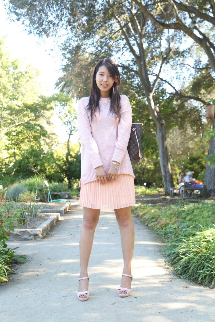ally gong, whimsical rose, cute, adorable, makeup, look, asian, pink, bow, lipgloss, kawaii, smile, eyes, darling, outfit, ootd, dusty, rose, sweater, pleated, skirt, heels, louis vuitton, fairy, curls, look, lookbook,